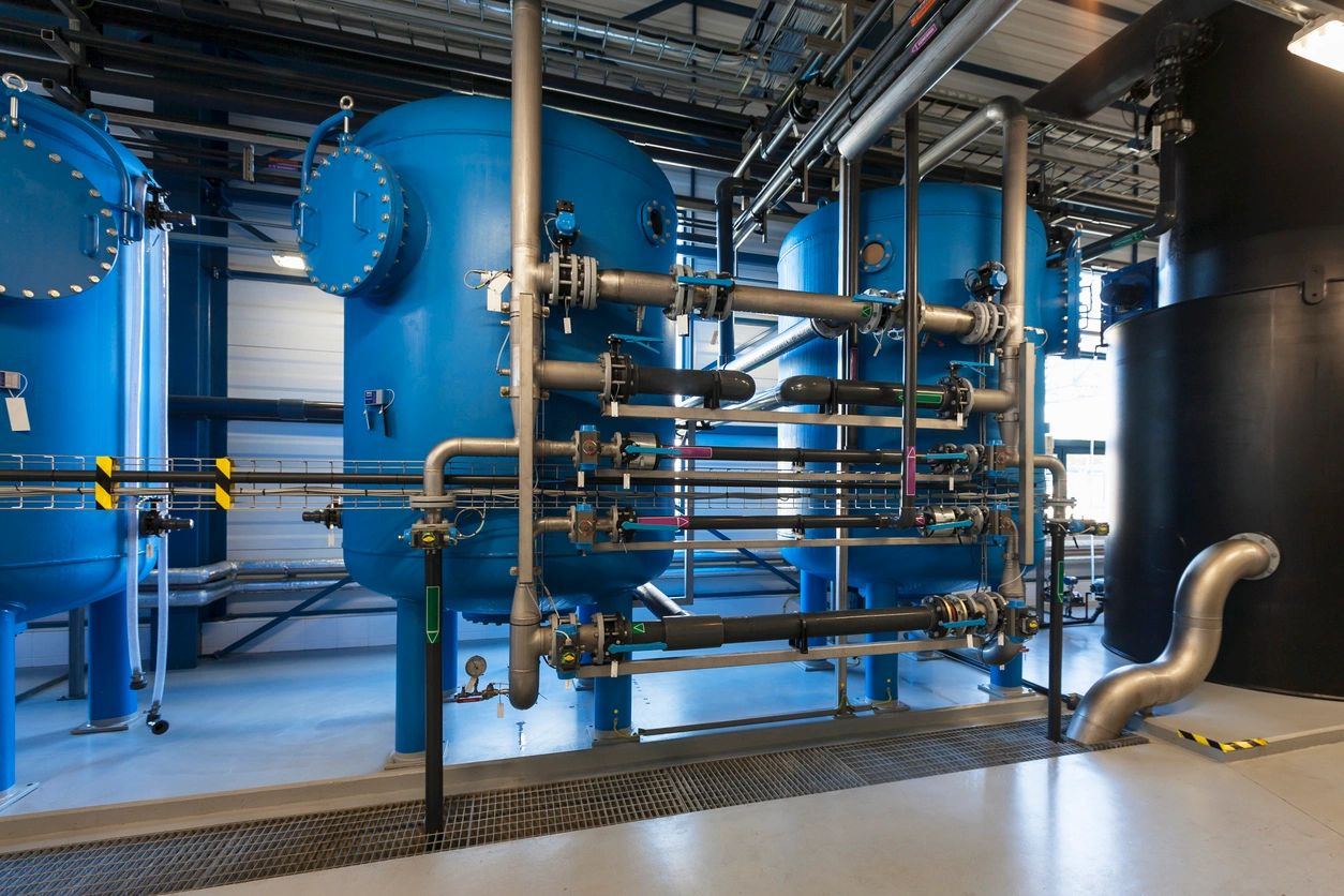 Industrial blue water filtration tanks and pipes