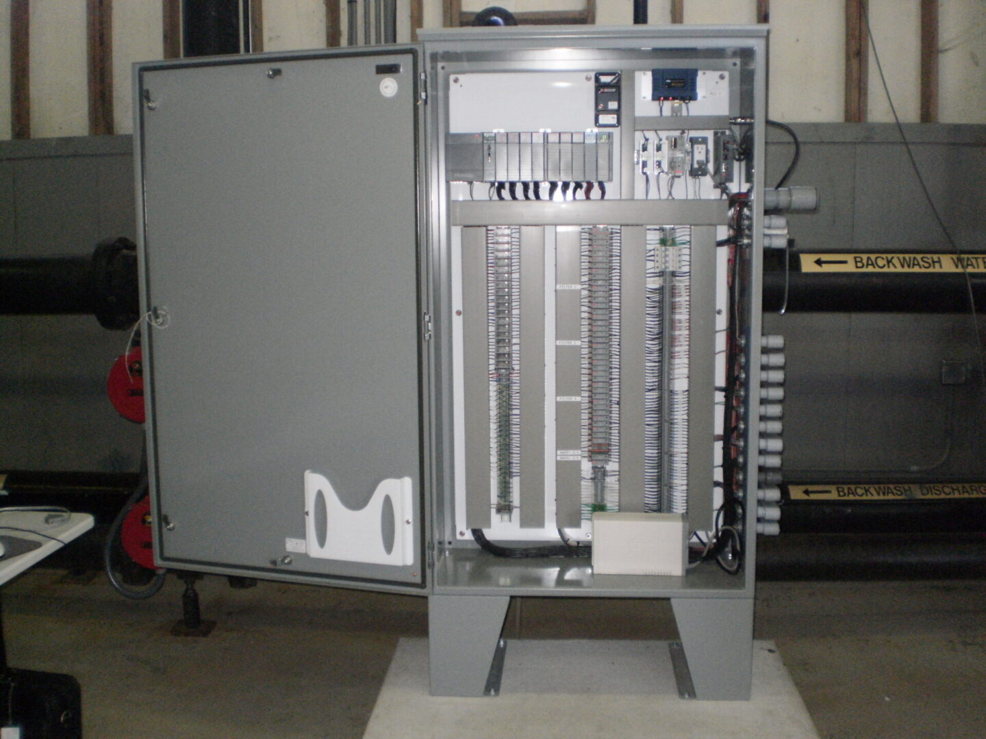 Open industrial electrical control panel cabinet