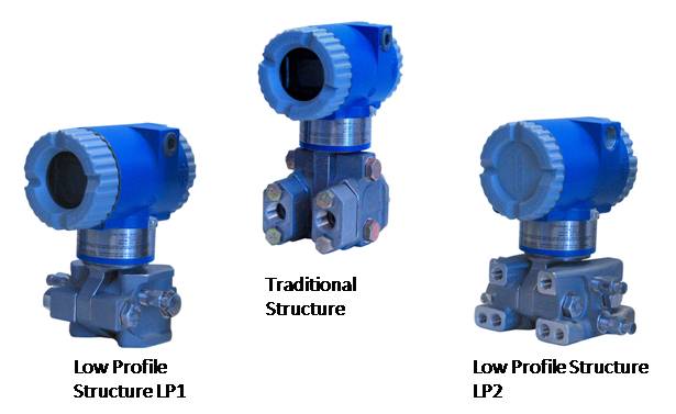 Three blue industrial differential pressure transmitters